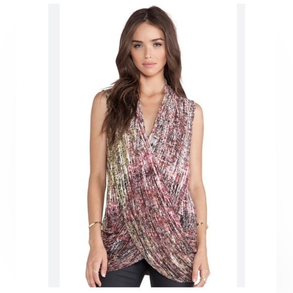 BCBGMAXZRIA Doris Burgundy Wine Multi Color Sleeveless Wrap Tunic Blouse Medium